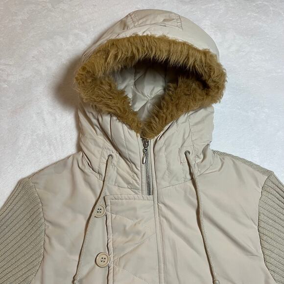 Glimmer Full Zip Knit Jacket w/ Fur Trim Hood Size L Y2K Hip Hop Neutral Casual - Picture 3 of 8